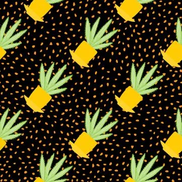 Creative cactus in pot seamless pattern. Houseplant cacti backdrop.. 스톡 일러스트