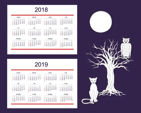 Creative calendar with drawn night animals for wall year 2018, 2019 Stock Illustration