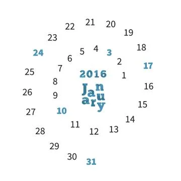 Creative calendar for January 2016 with dates on spiral Stock Illustration