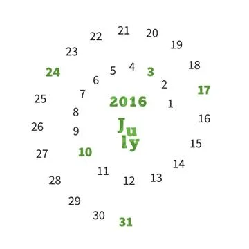 Creative calendar for July 2016 with dates on spiral Stock Illustration