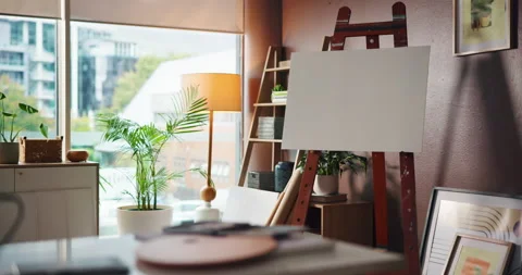 Creative, canvas and empty art studio with furniture, painting supplies or Stock Footage 312800170