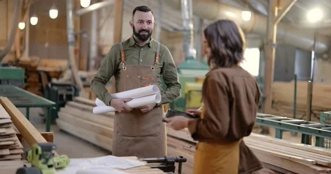 Creative carpentry workers at the manufacturing Stock Footage 146916494