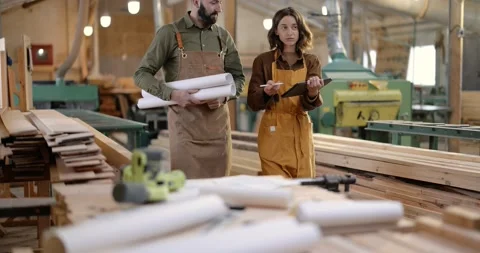 Creative carpentry workers at the manufacturing Stock Footage 146917130