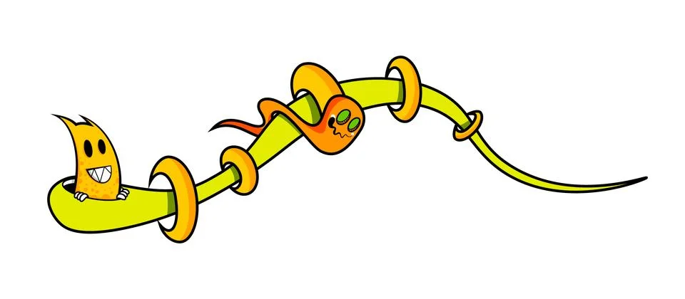 Creative cartoon characters interact with vibrant green vine on white backg.. Stock Illustration
