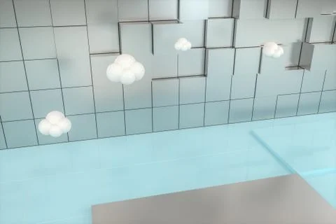 Creative cartoon room with cubic background, 3d rendering, 스톡 일러스트