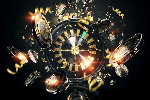 Creative casino template, background design with black gold playing chips and Stock Photos