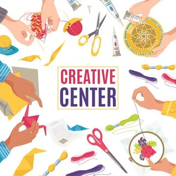 Creative center with art craft work, children drawing by pencil banner, vector Stock Illustration