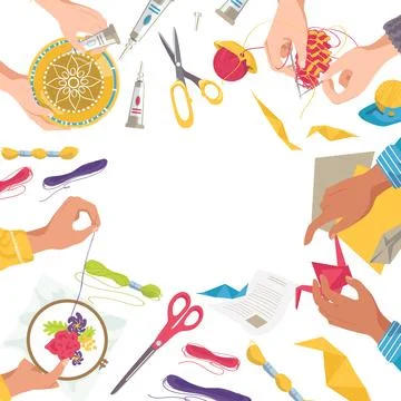 Creative center with art craft work, children drawing by pencil banner, vector Stock Illustration