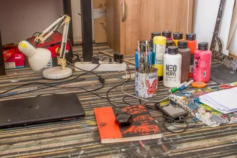 Creative chaos exploring the eclectic mess of an artist's room Stock Photos