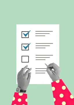 Creative Checklist Collage with Hands Marking Tasks on Paper Against Green Stock Photos