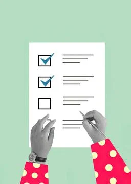 Creative Checklist Collage with Hands Marking Tasks on Paper Against Green... Stock Photos