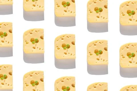 Creative cheese pattern with harsh shadow. Maasdam with holes white backgroun Stock Illustration