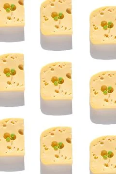 Creative cheese pattern with harsh shadow. Maasdam with holes white backgroun Stock Illustration