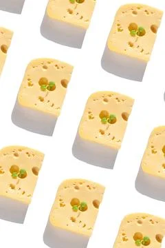 Creative cheese pattern with harsh shadow. Maasdam with holes white backgroun Stock Illustration