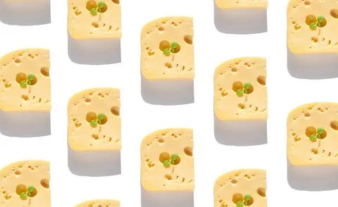 Creative cheese pattern with harsh shadow. Maasdam with holes white backgroun Stock Illustration
