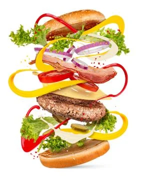 Creative cheeseburger explosion fast food concept Stock Photos