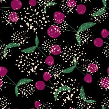 Creative cherries wallpaper on black background. Cherry seamless pattern for  Illustrazione stock