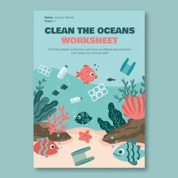 Creative child-like taking care of the ocean environment worksheet Stock Illustration