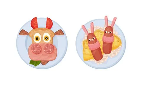 Creative childish dishes serving on plates set. Tasty sandwiches breakfast food Stock Illustration