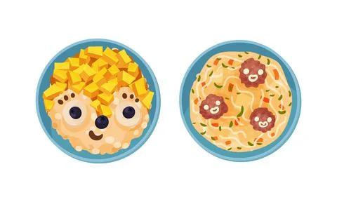 Creative childish dishes serving on plates set. Tasty food for dinner vector Stock Illustration