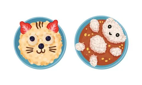 Creative childish dishes serving on plates set. Tasty healthy food for kids Stock Illustration