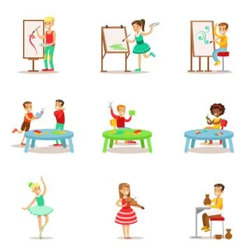 Creative Children Practicing Different Arts And Crafts In Art Class And By Stock Illustration