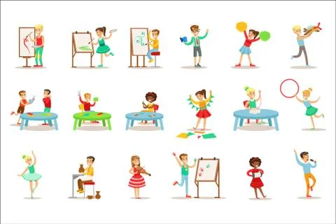 Creative Children Practicing Different Arts And Crafts In Art Class And By Stock Illustration