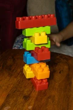 Creative Children Toy Construction Made With Colorful Plastic Blocks Stock Photos