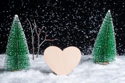 Creative Christmas card. Composition from a lonely heart at night in a snowy  Stock Photos