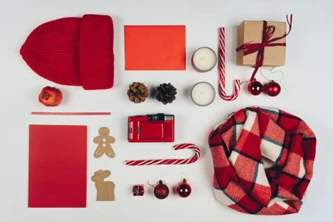 Creative Christmas collection of objects in red color isolated on white Stock Photos