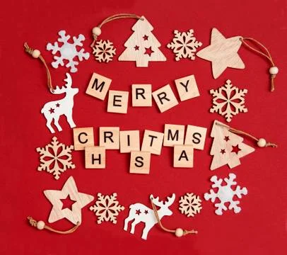 Creative Christmas flat lay composition, inscription Merry Christmas made of Stock Photos