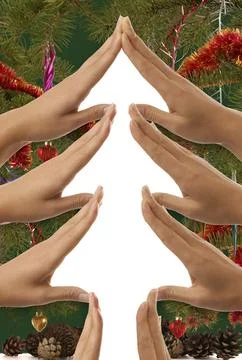 Creative Christmas tree made from hands on white background Stock Photos
