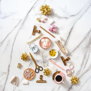 Creative Christmas tree shape made of office stationery, alarm clock, Christmas Stock Photos