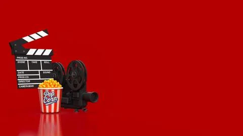 Creative Cinema Night With Popcorn And Vintage Film Equipment 3d render. Stock Illustration