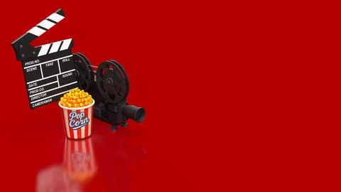 Creative Cinema Night With Popcorn And Vintage Film Equipment 3d render. Stock Illustration