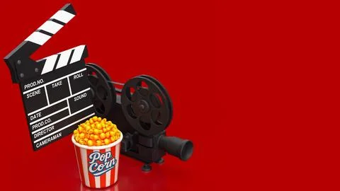 Creative Cinema Night With Popcorn And Vintage Film Equipment 3d render. Stock Illustration