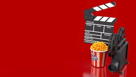 Creative Cinema Night With Popcorn And Vintage Film Equipment 3d render. Stock Illustration