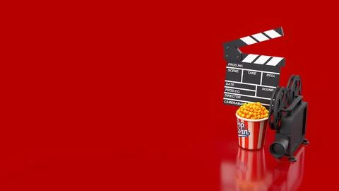 Creative Cinema Night With Popcorn And Vintage Film Equipment 3d render. Stock Illustration