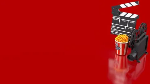 Creative Cinema Night With Popcorn And Vintage Film Equipment 3d render. Stock Illustration
