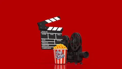 Creative Cinema Night With Popcorn And Vintage Film Equipment 3d render. Stock Illustration