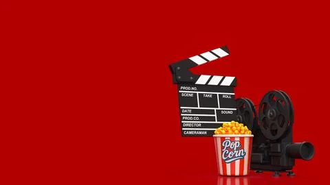 Creative Cinema Night With Popcorn And Vintage Film Equipment 3d render. Illustrazione stock