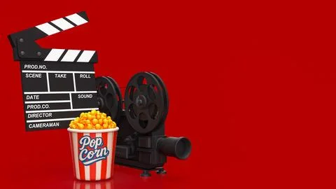 Creative Cinema Night With Popcorn And Vintage Film Equipment 3d render. 스톡 일러스트