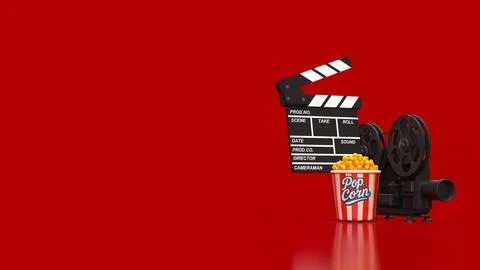 Creative Cinema Night With Popcorn And Vintage Film Equipment 3d render. 스톡 일러스트