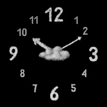 Creative clock made from white clouds on a black background. Stock Illustration