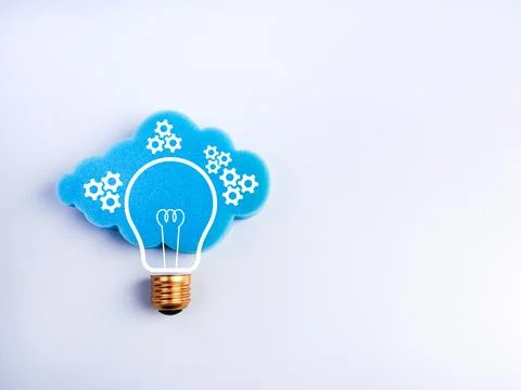 Creative cloud and lightbulb concept with gear icons on white with space, s.. Stock Photos