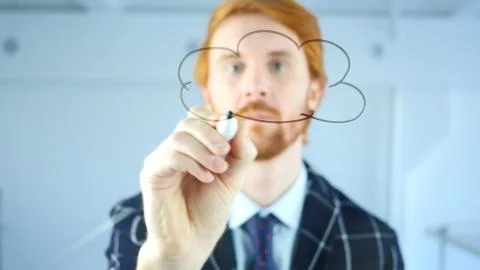 Creative Cloud Computing Concept on Transparent Glass in Office, Red Hairs Bu Stockfoto's