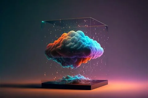 Creative cloud concept in glass cube. Cloudscape digital metaverse Stock Illustration