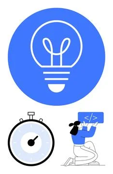 Creative Coding Concept with Stopwatch, Light Bulb, and Female Programmer E.. Stock-Illustration