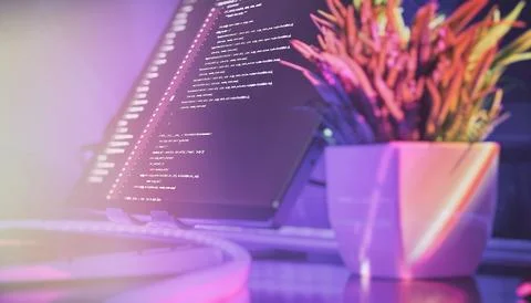 Creative coding workspace with modern aesthetic Stockfoto's