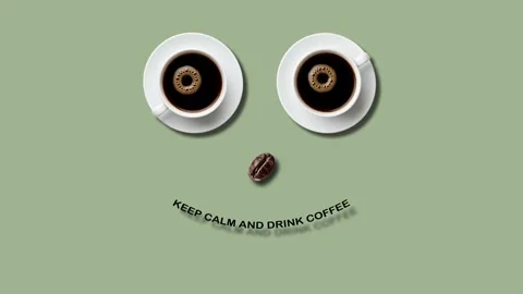 Creative coffee cups forming a smiling face animation with text on green ba.. 動画素材 337750608